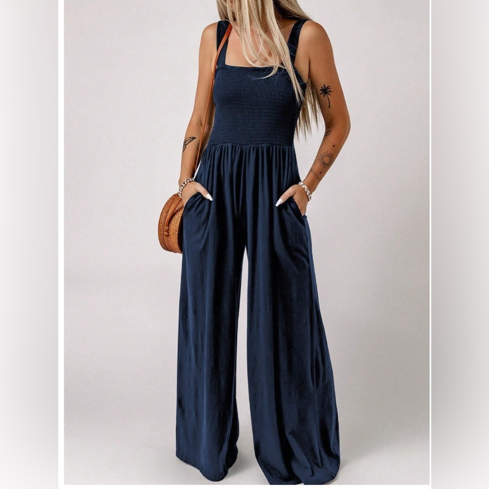 Shirred Navy Blue Wide Leg Jumpsuit With Pockets